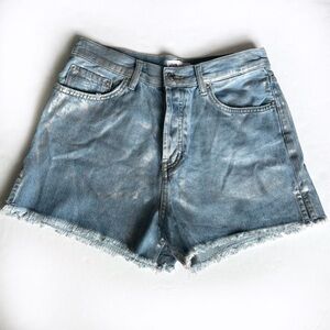Zara High Rise Micro Denim Shorts 10 Blue Silver Metallic Light Wash Raw Hem